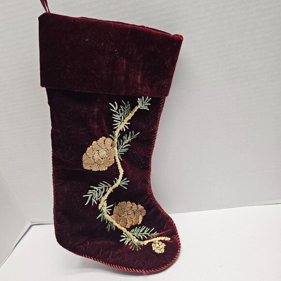 Martha Stewart Everyday Red Velvet Stocking W Embroidered Pinecones on a Branch - Picture 1 of 9